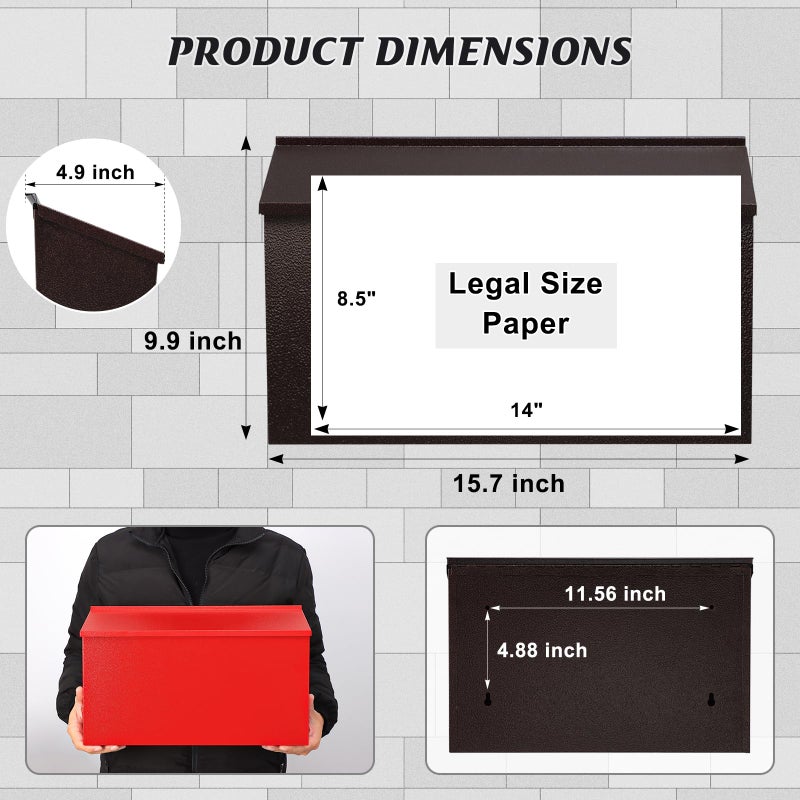 KYODOLED Wall-Mount Mailbox, Large Capacity Mail Box, Galvanized Steel Rust-Proof Metal Post Box, Mailboxes for Outside,15.7"x9.9"x4.9" Bronze - Image 2